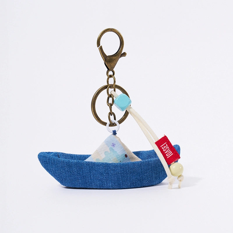 Handmade denim sailboat bag charm