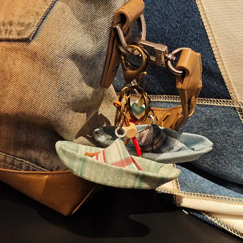 Handmade denim sailboat bag charm