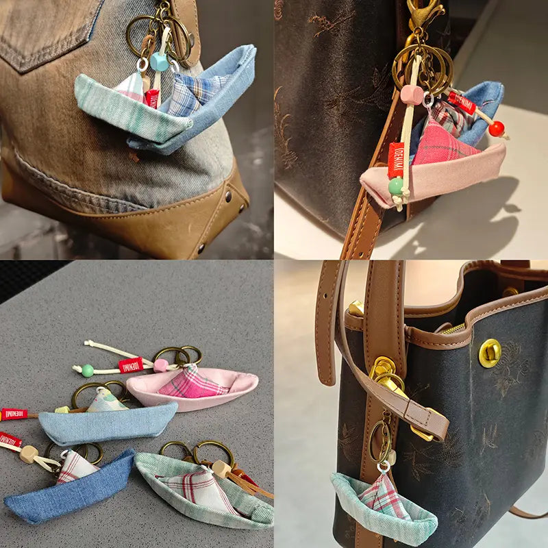 Handmade denim sailboat bag charm