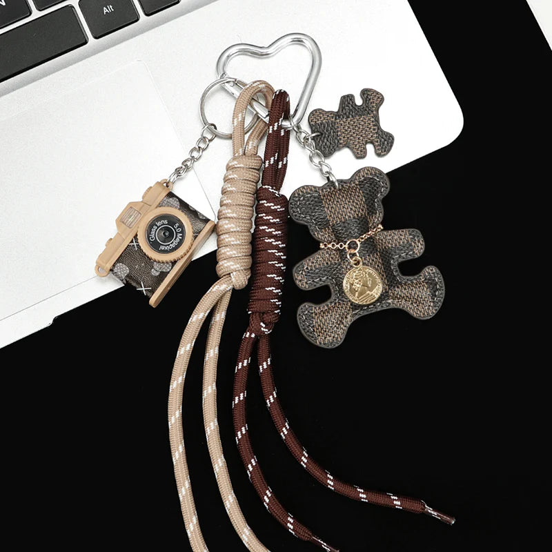 Leather Plaid Bear Bag Charm