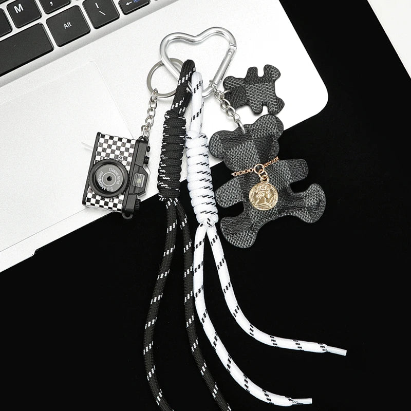 Leather Plaid Bear Bag Charm