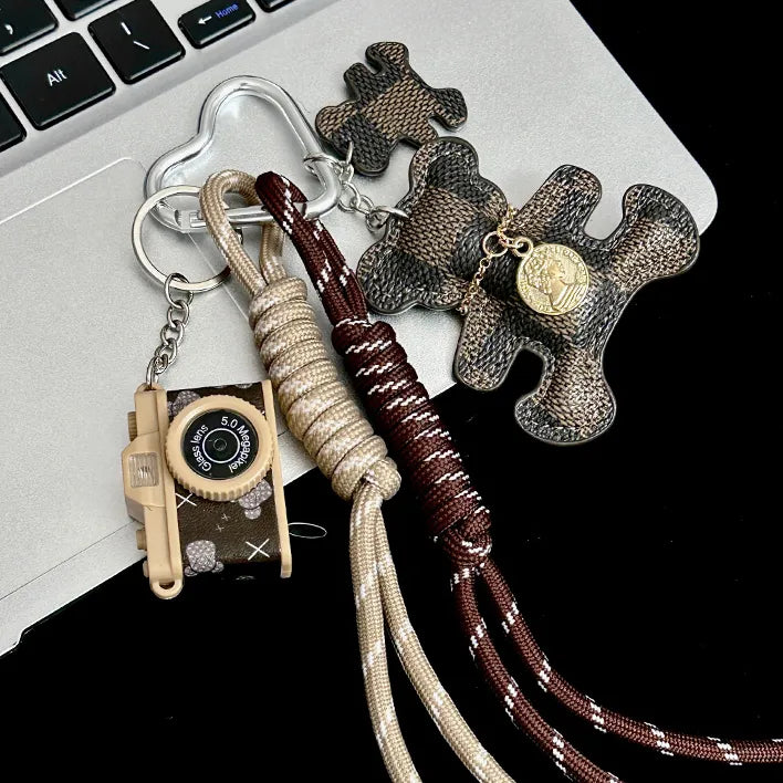 Leather Plaid Bear Bag Charm