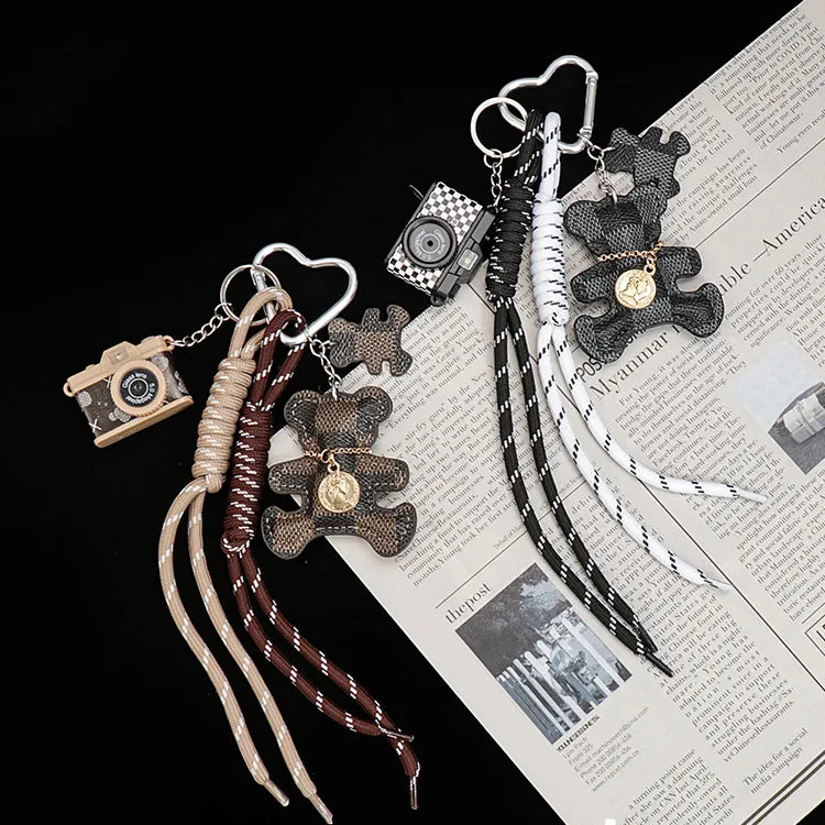 Leather Plaid Bear Bag Charm