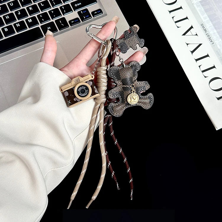 Leather Plaid Bear Bag Charm