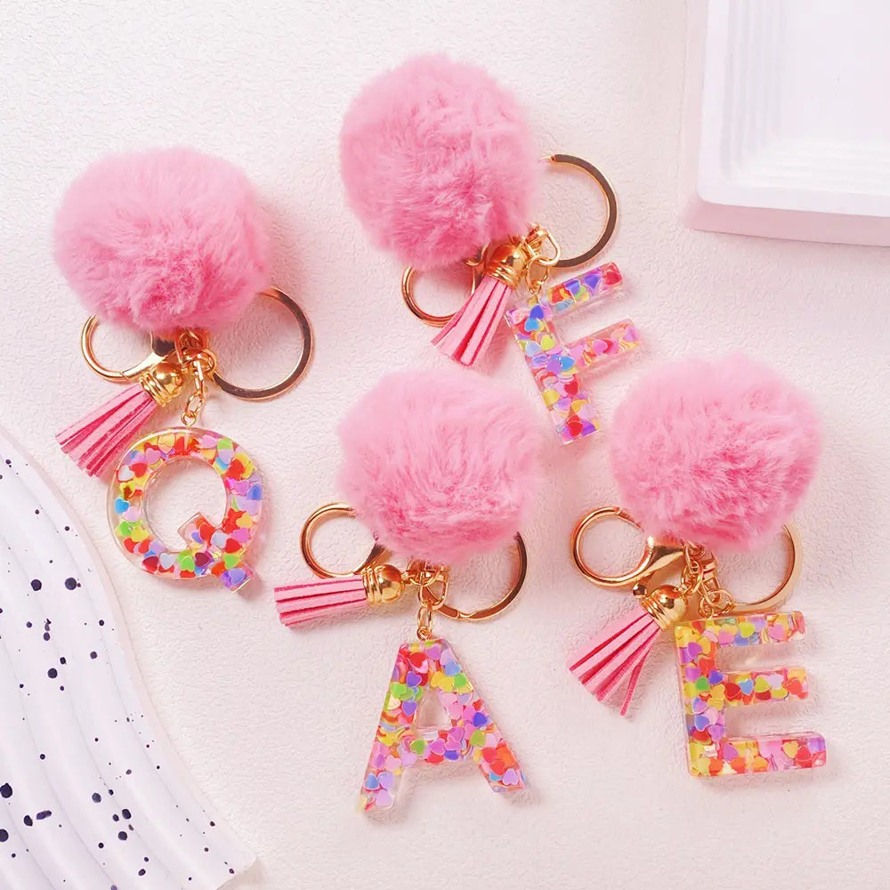 Pink Pom Pom Letter Keychain
