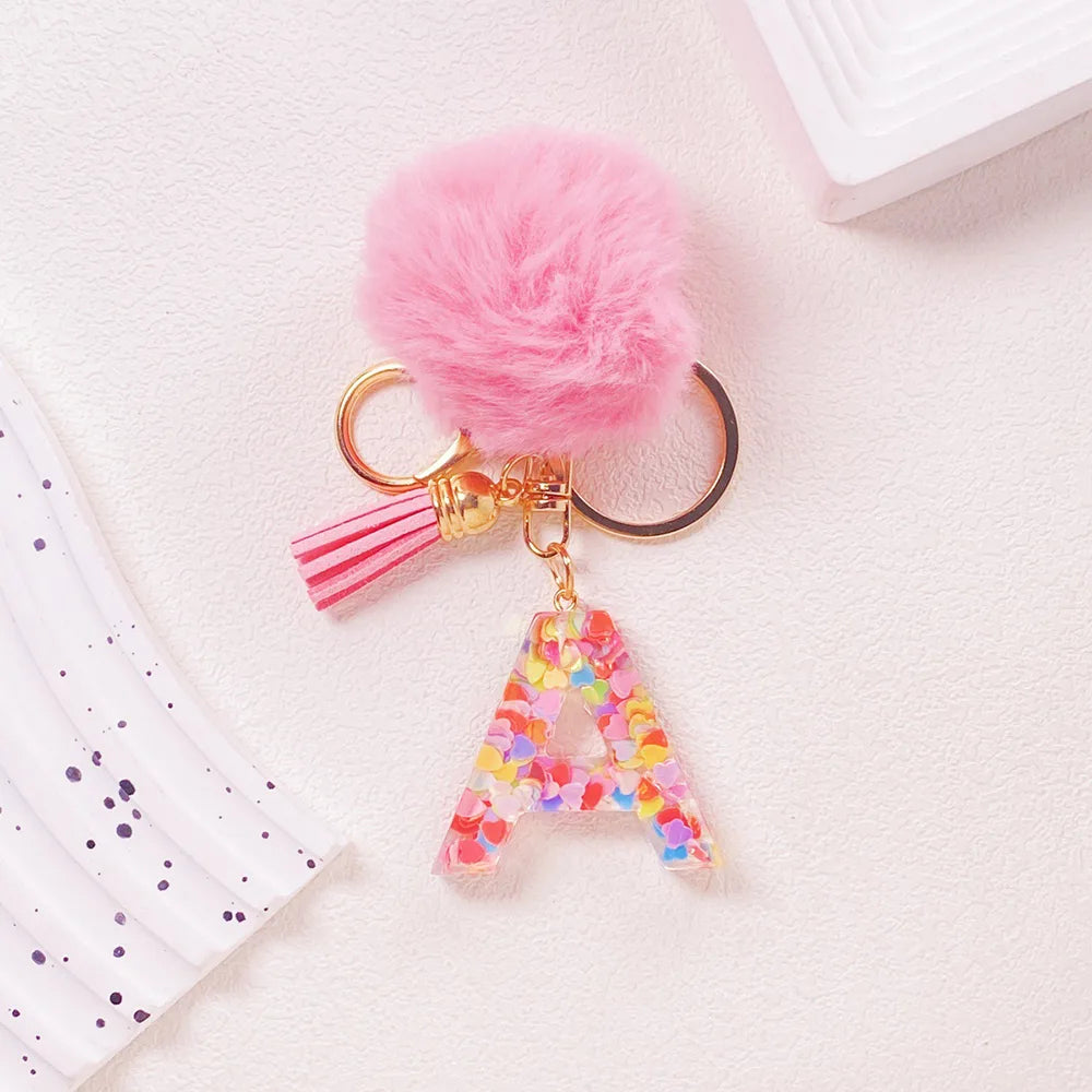Pink Pom Pom Letter Keychain