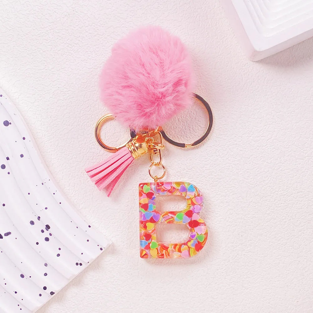 Pink Pom Pom Letter Keychain