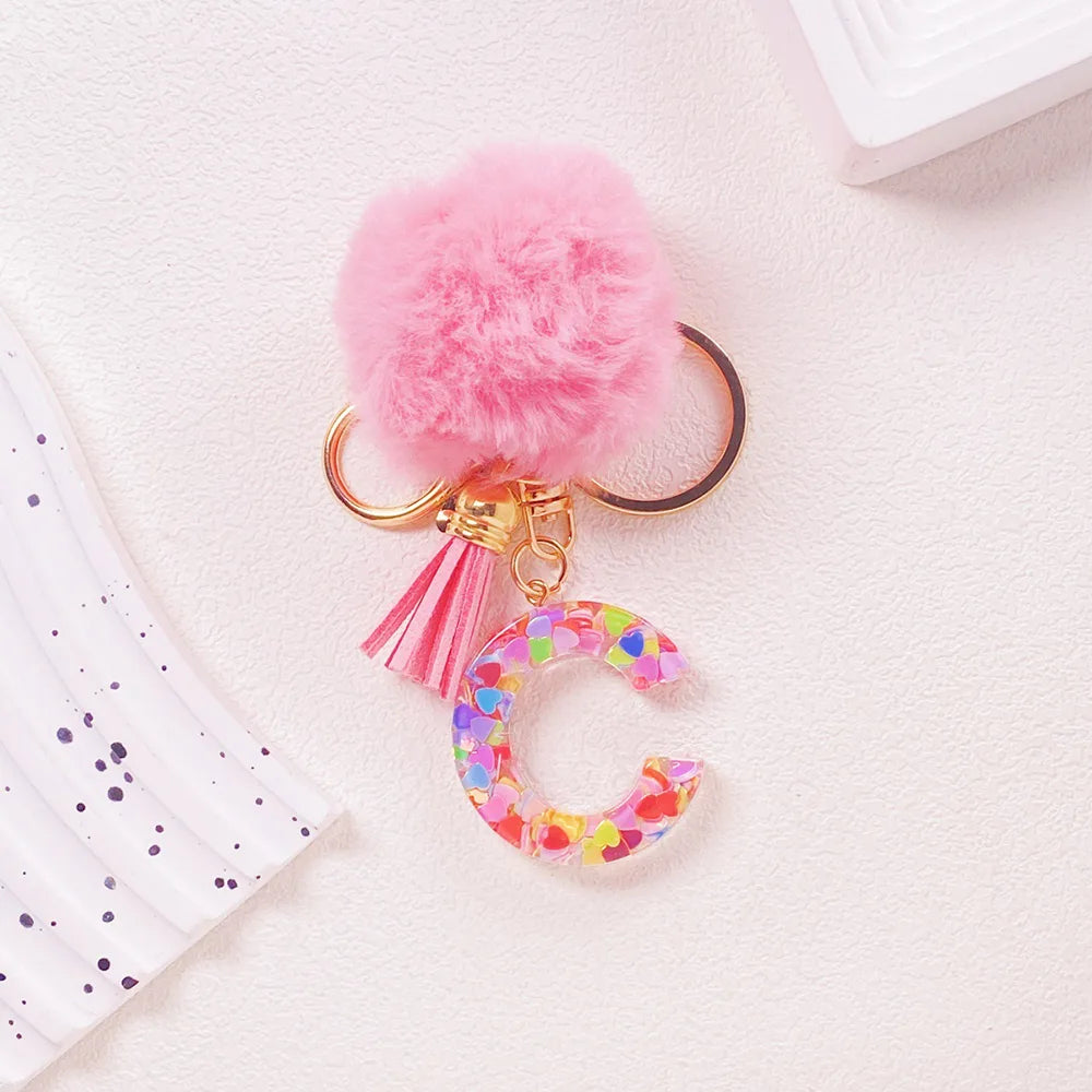 Pink Pom Pom Letter Keychain