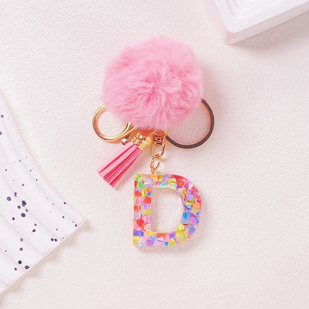Pink Pom Pom Letter Keychain