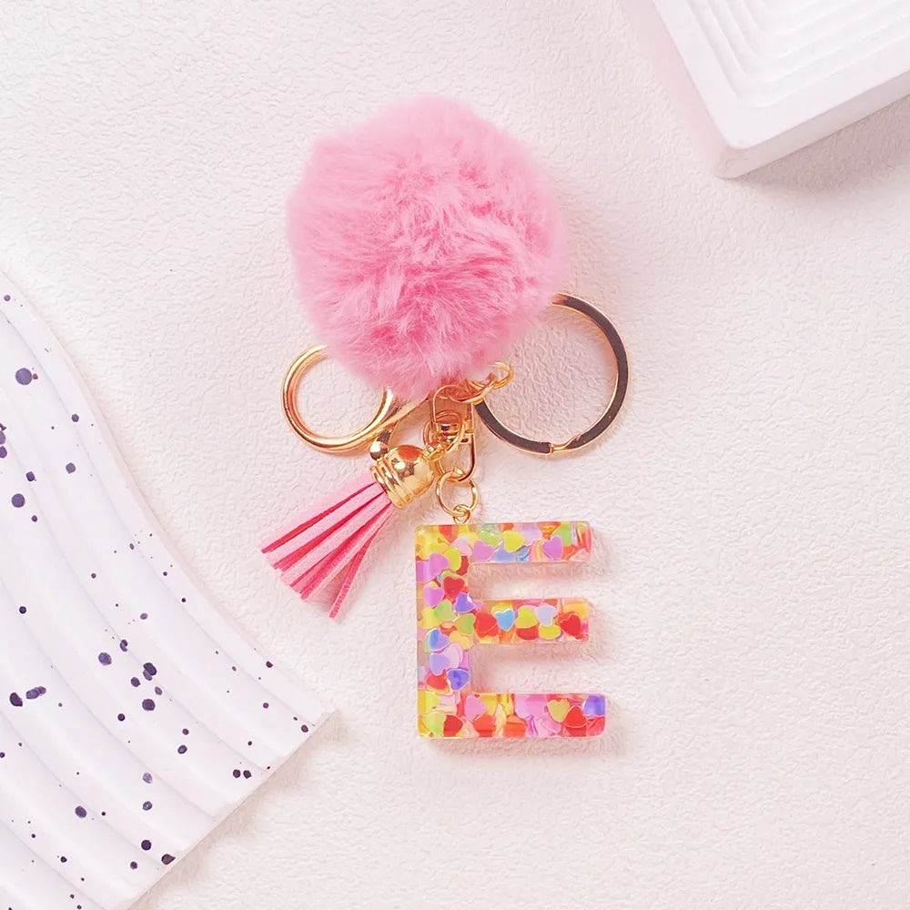 Pink Pom Pom Letter Keychain