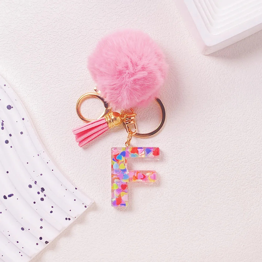 Pink Pom Pom Letter Keychain