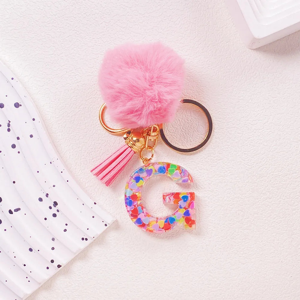 Pink Pom Pom Letter Keychain