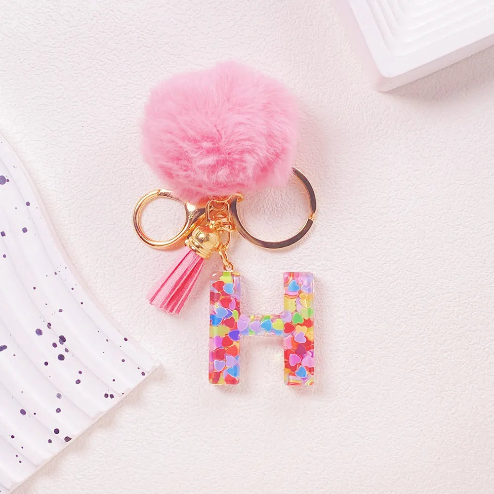 Pink Pom Pom Letter Keychain