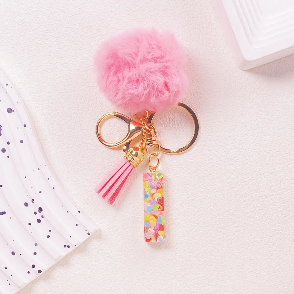 Pink Pom Pom Letter Keychain