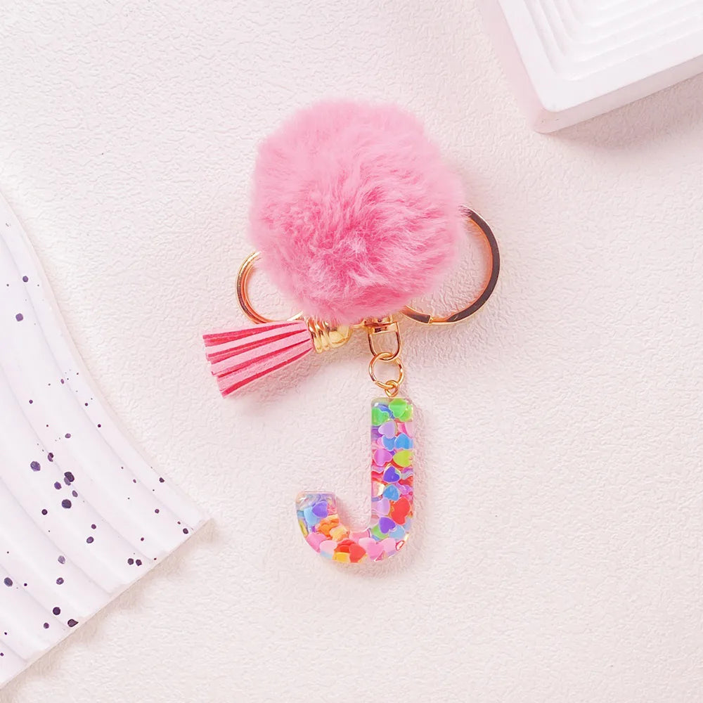 Pink Pom Pom Letter Keychain