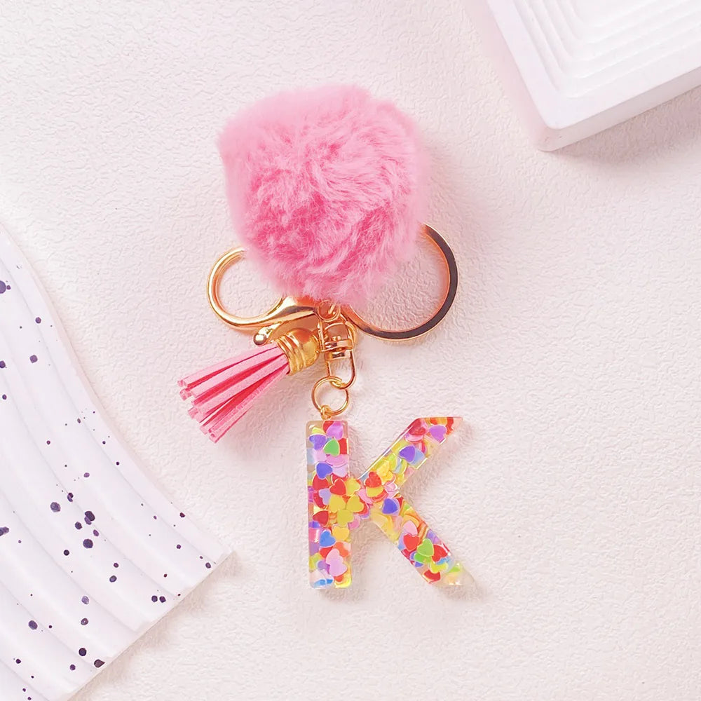 Pink Pom Pom Letter Keychain