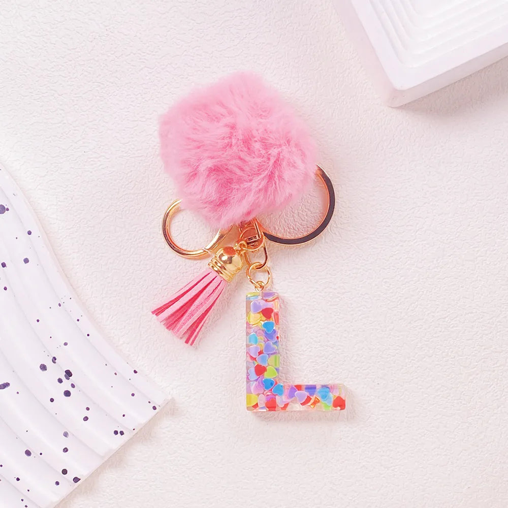 Pink Pom Pom Letter Keychain