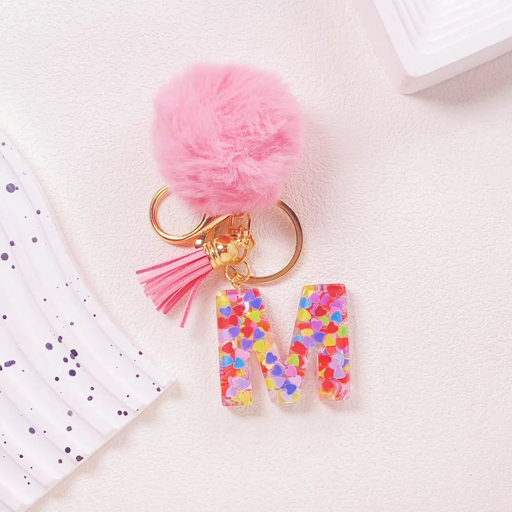 Pink Pom Pom Letter Keychain