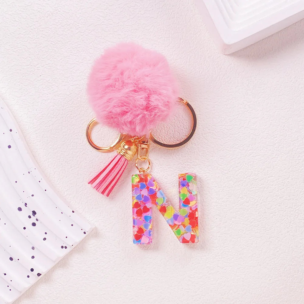 Pink Pom Pom Letter Keychain