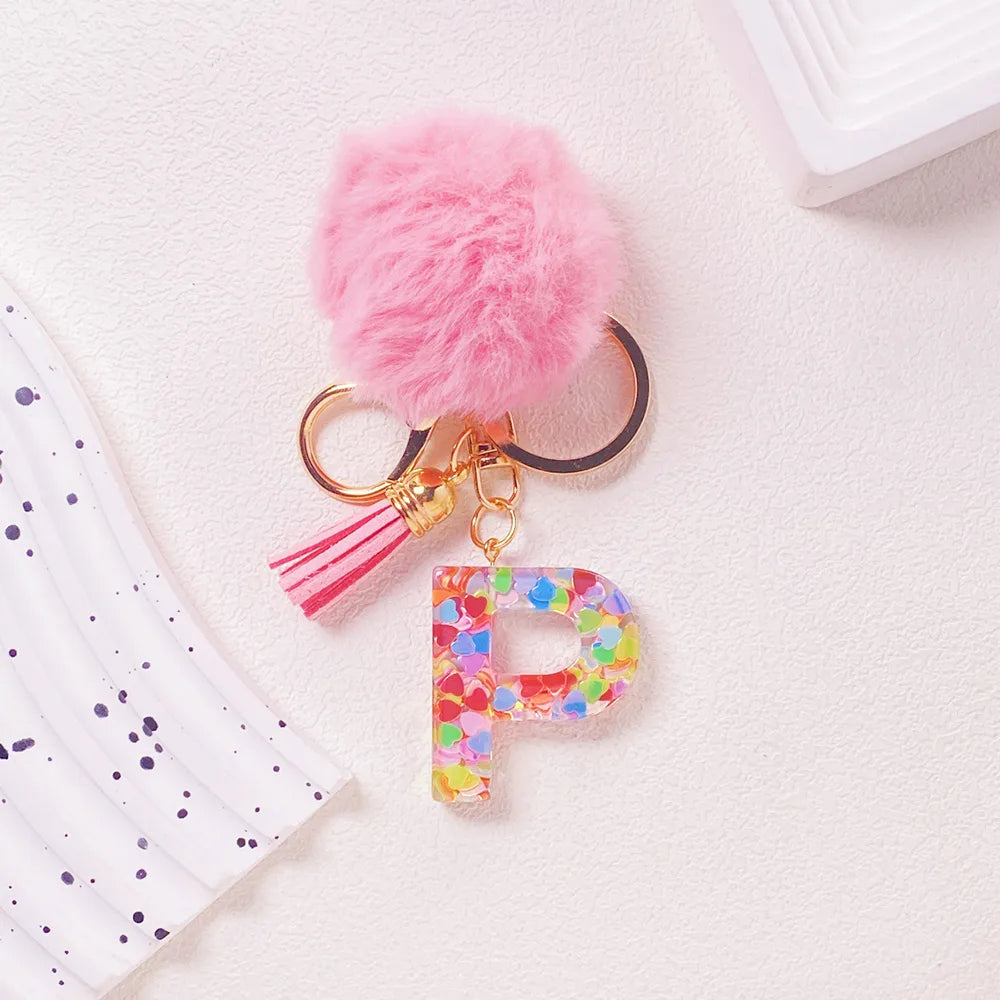 Pink Pom Pom Letter Keychain