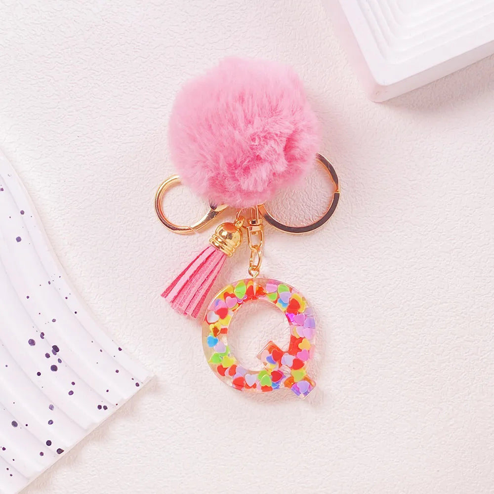 Pink Pom Pom Letter Keychain