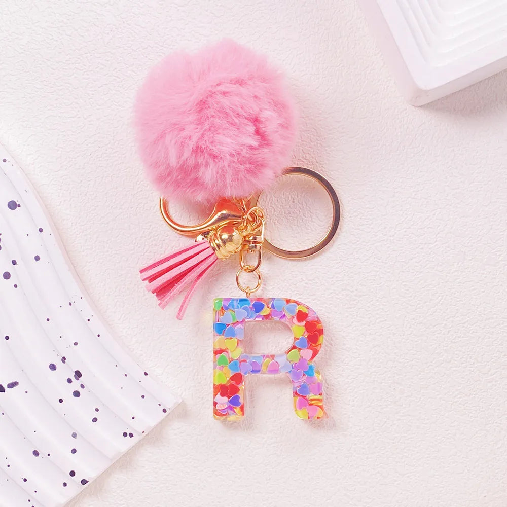 Pink Pom Pom Letter Keychain