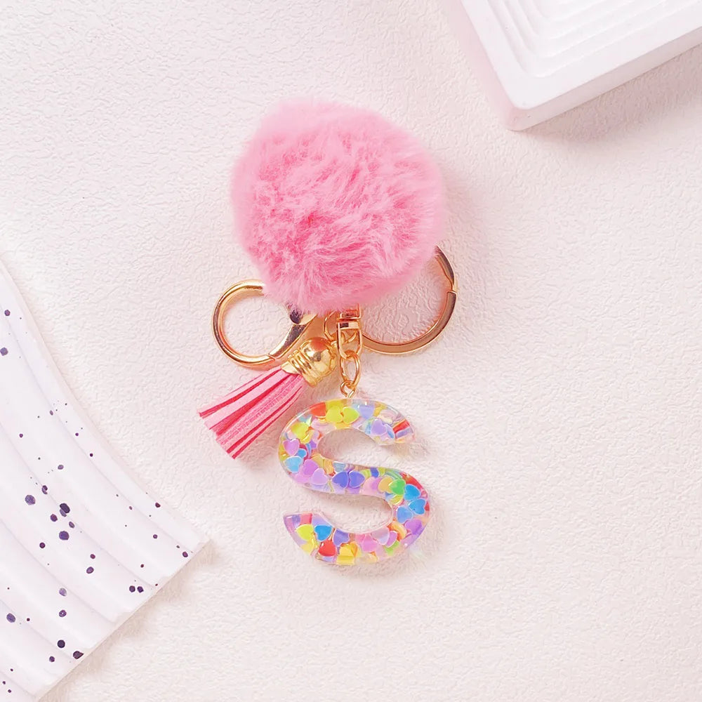 Pink Pom Pom Letter Keychain