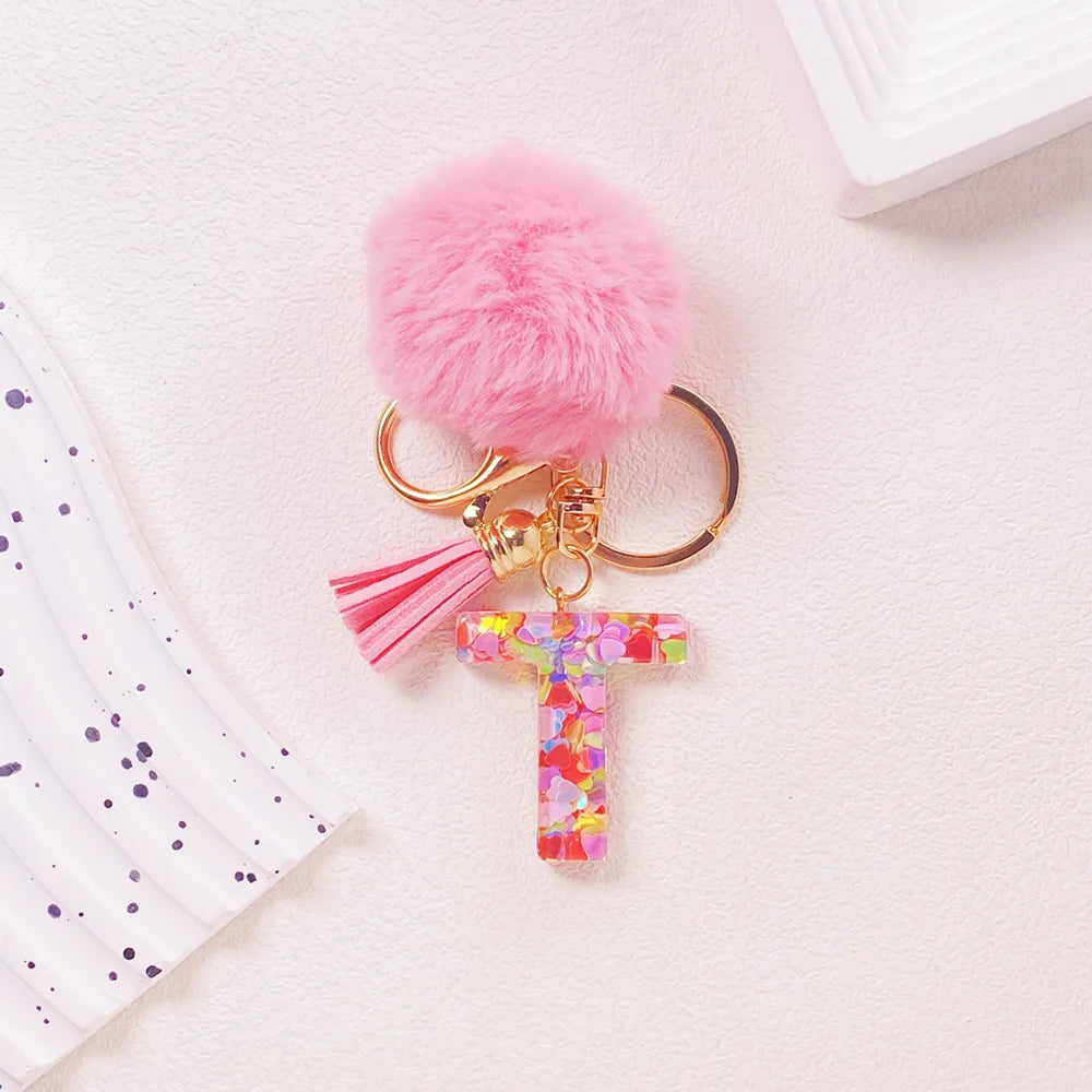 Pink Pom Pom Letter Keychain