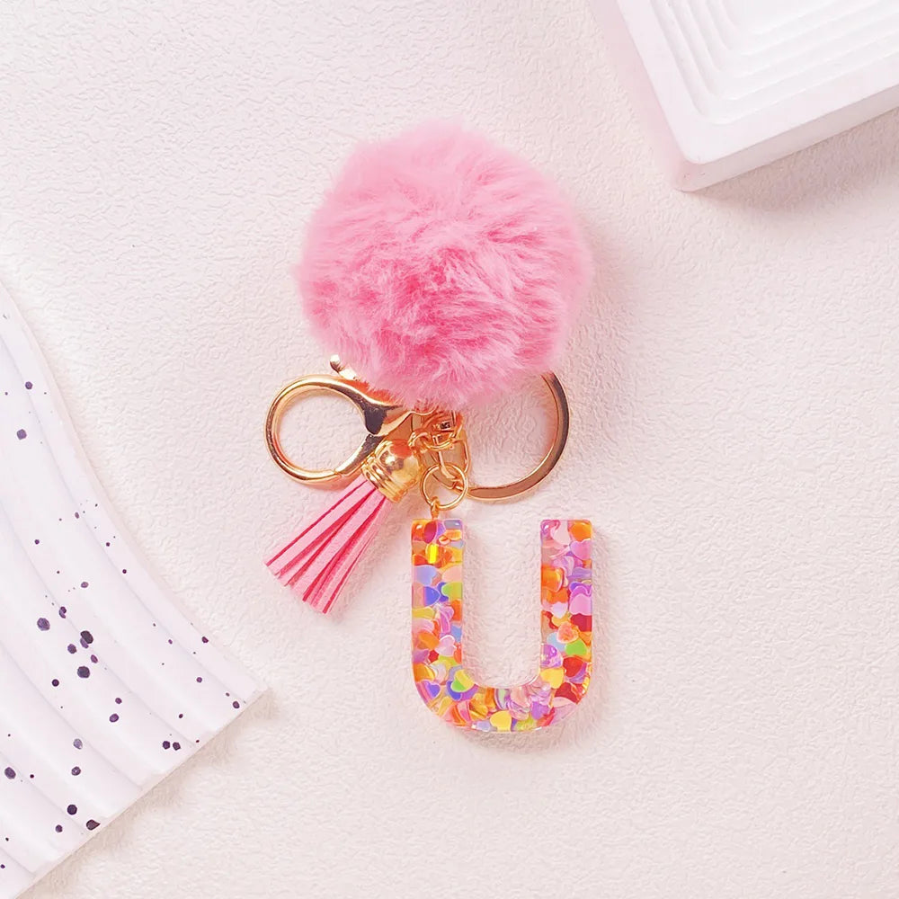 Pink Pom Pom Letter Keychain