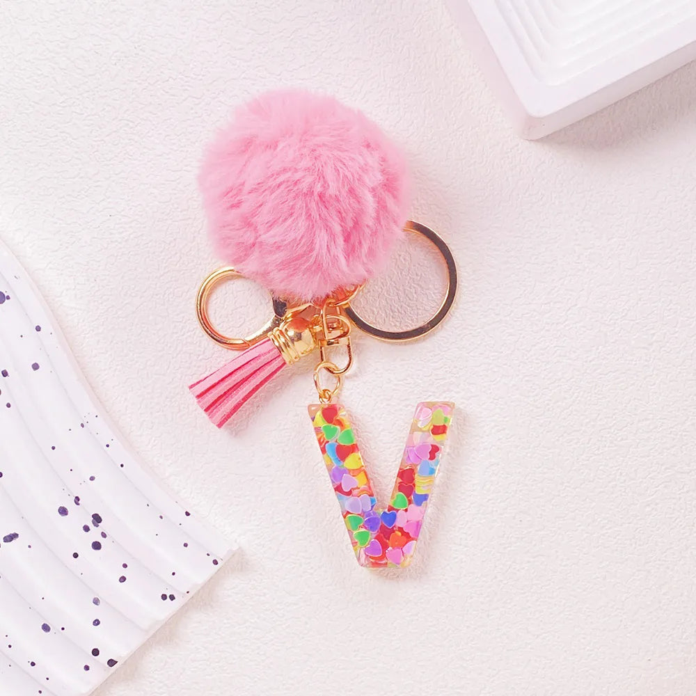 Pink Pom Pom Letter Keychain