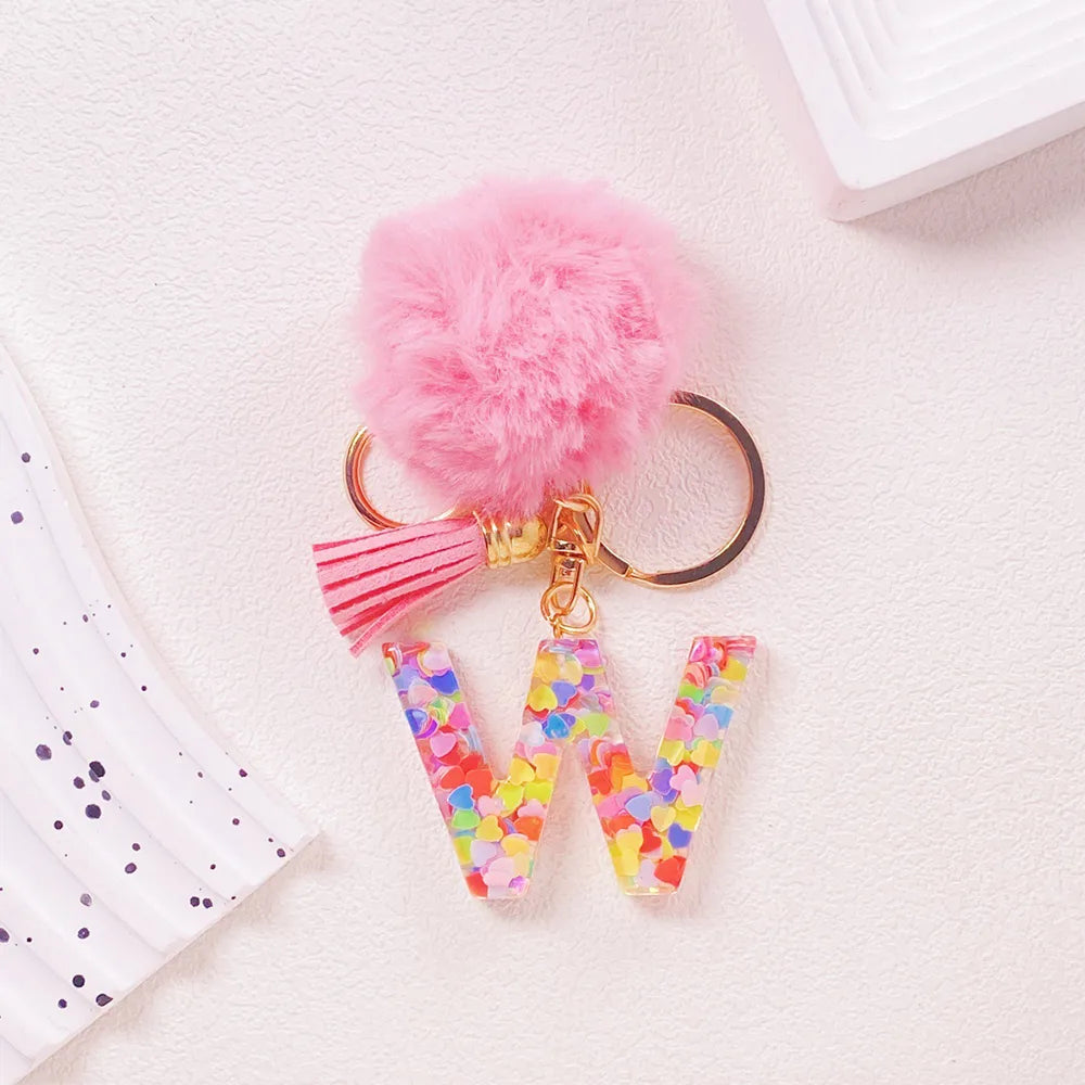 Pink Pom Pom Letter Keychain