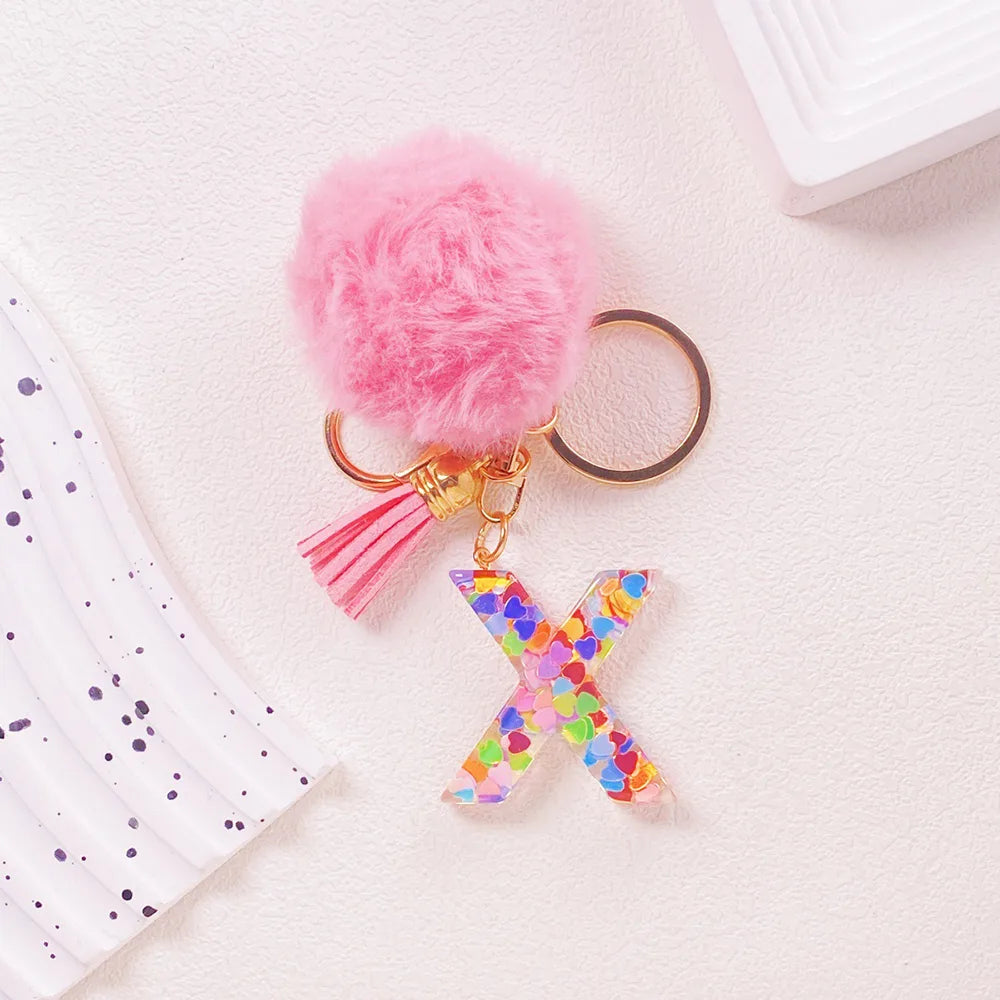 Pink Pom Pom Letter Keychain