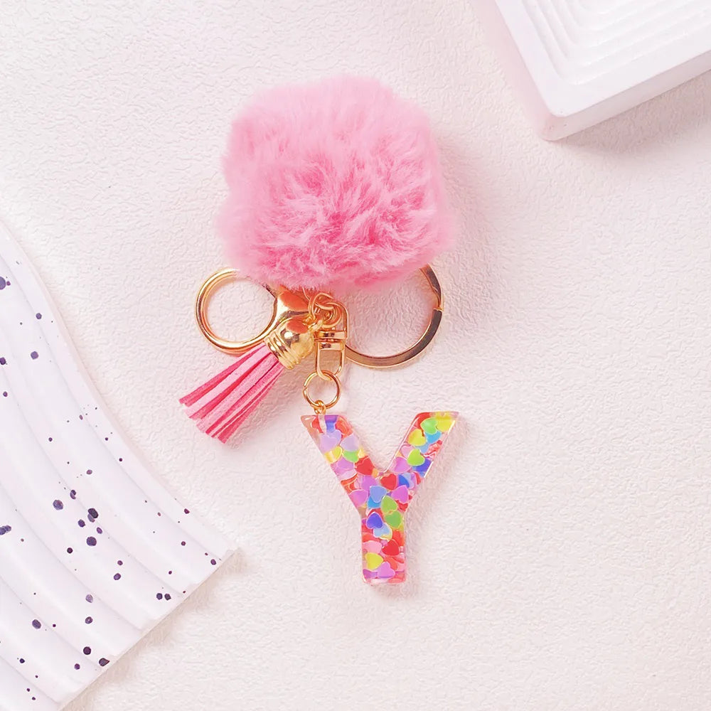 Pink Pom Pom Letter Keychain