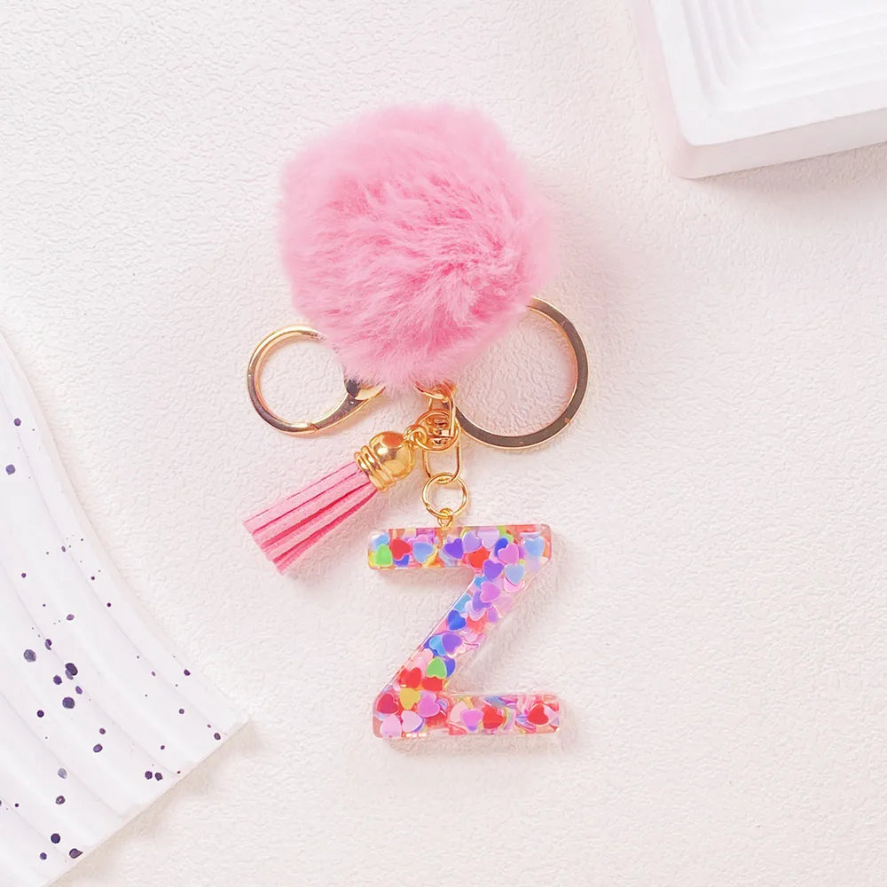 Pink Pom Pom Letter Keychain