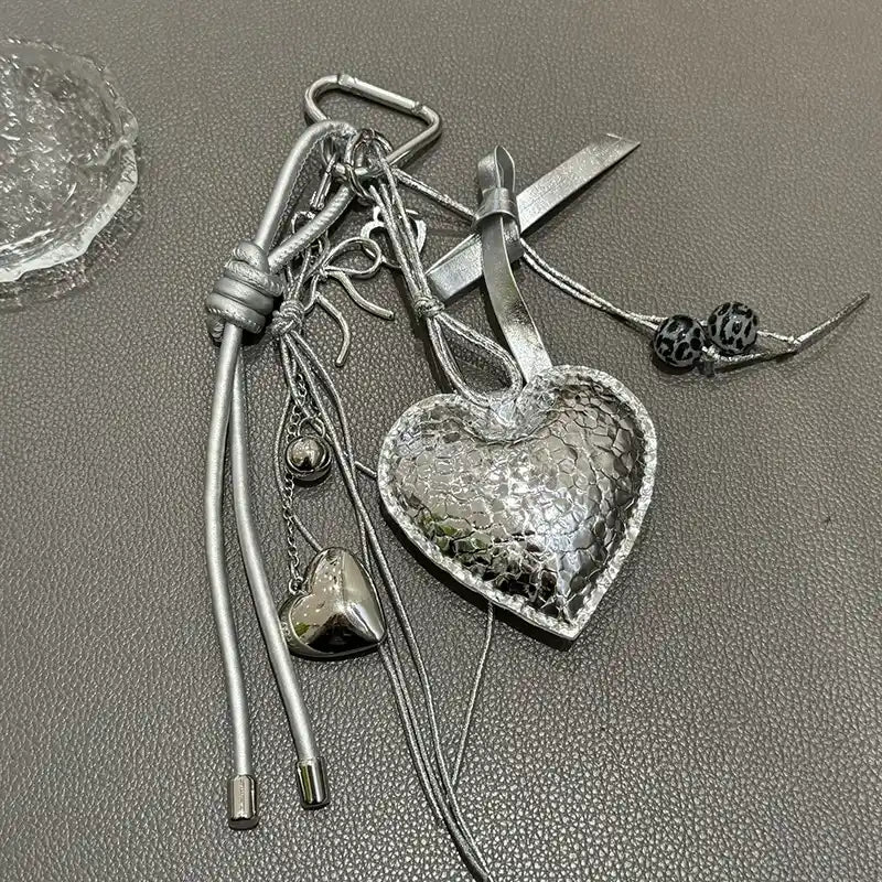 Silver Heart Bow Bag Charm